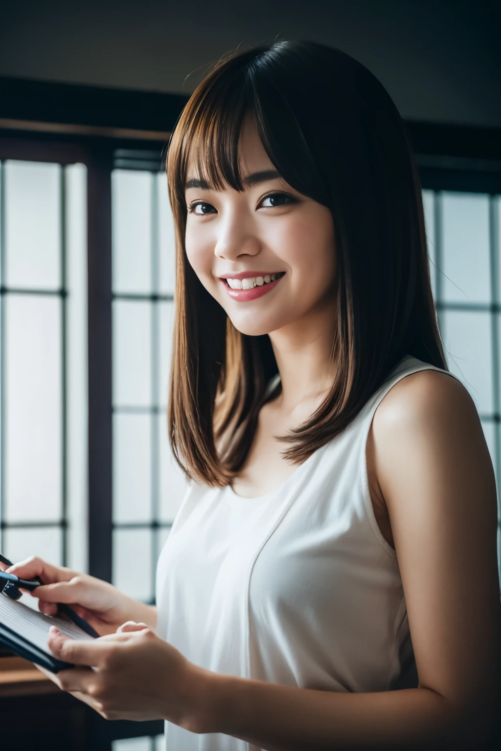 1 slender girl, bangs, holding clipboard, smiling, with staff, cinematic lighting, (8k, masterpiece, top quality, raw photo), action