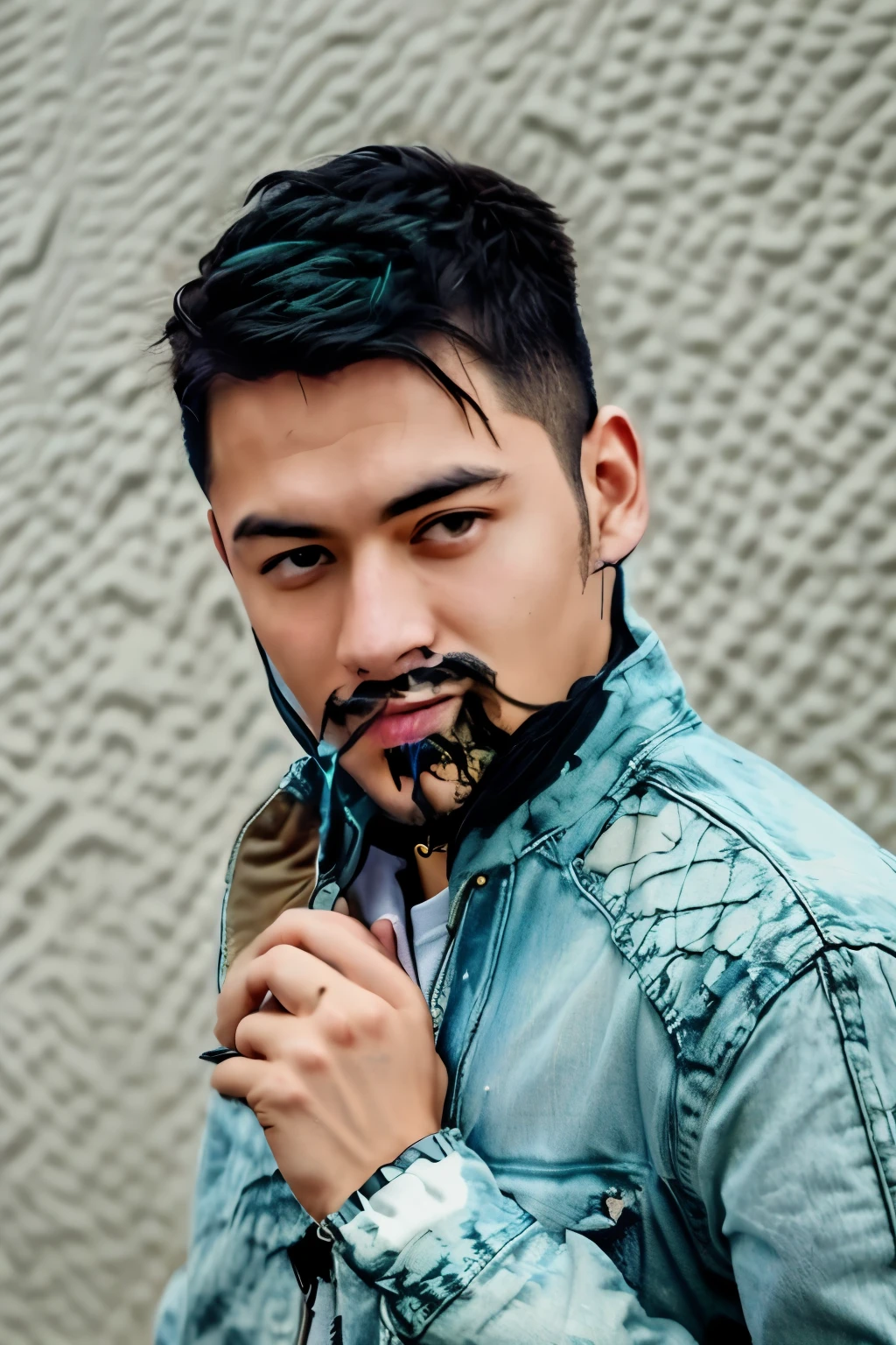 Cyberpunk.wearing modern clothing such as jeans jacket and sneakers shoes.neon background of the image.ultra realistic.8k