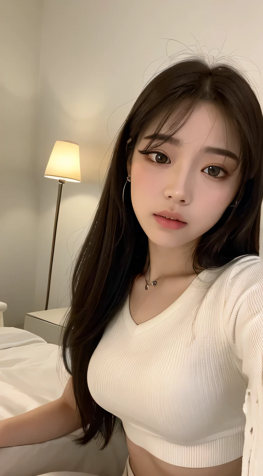 ((Realistic lighting, best quality, 8k, masterpiece:1.3)), sharp focus:1.2, 1 girl, beautiful woman with perfect body:1.4, slim abs:1.1, ((dark brown hair)), (white crop top:1.4),(External,night:1.1),Sitting on bed indoors,Super face slimming,beautiful eyes,double eyelids,Leaking from the entire delicate breasts