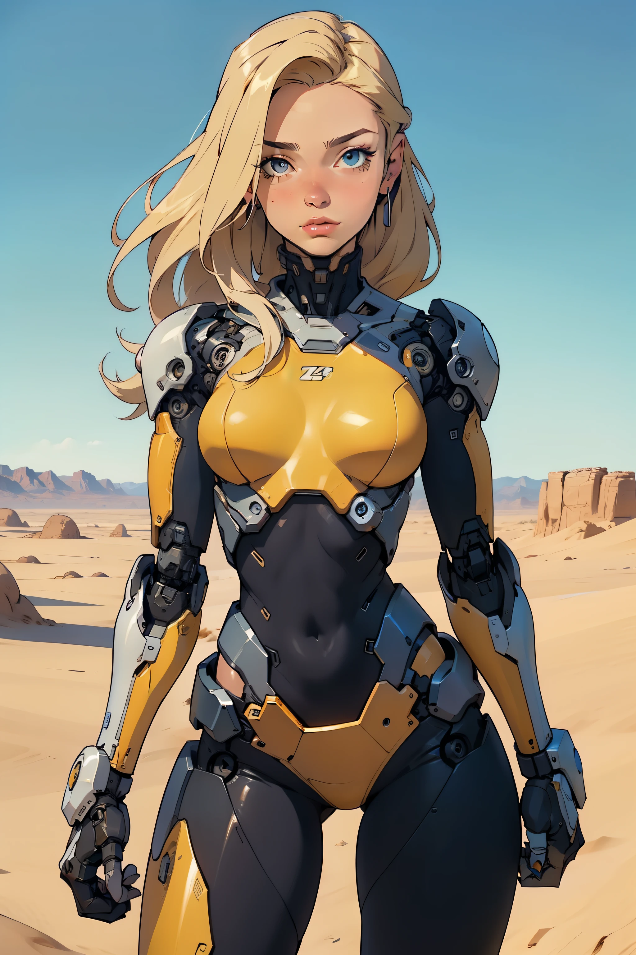 high quality, 4k, masterpiece, beautiful, cyborg girl, cowboy shot, dull eyes, looking at viewer, long blonde hair, girl, small breasts, fit thigh, robotic arms, robotic body, cyborg body, yellow accent, intricate detail, joint, detailed lines, robotic detail, holding fist up, holding hand up as fist, color robotic parts, robotic parts with color, perfect fingers, on a desert planet, sunny background, colorful desert,
