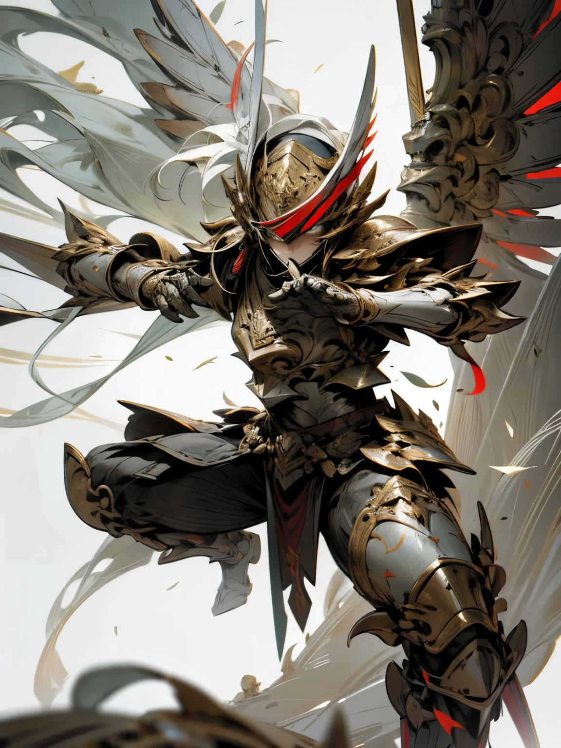 a warrior in detailed and ornate white armor.
The armor incorporates elements of the Indonesia flag's design, such as garuda and stripes.
Intricate patterns, detailed engravings and embossments, adorn the entire surface of the armor.
The warrior's helmet is sleek, with a visor that their face; it features a red section with a white Garuda.
A sense of motion or battle readiness is conveyed through dynamic posing and floating debris around the warrior. action pose, Added the color white