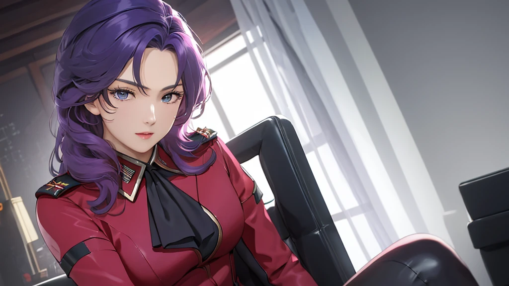 red,Pink military uniform,
purple hair ,blue eyes,lipstick, long hair,
1 girl, 20 years,young women,beautiful Finger,beautiful long legs,beautiful body,beautiful Nose,beautiful character design, perfect eyes, perfect Face,expressive eyes, looking at the audience, in the center of the image,(Light_Smile:0.5), official art,Extremely detailed CG unified 8k wallpaper, perfect Lighting,rich and colorful, bright_front_Face_灯Light,有Light泽的皮肤, (masterpiece:1.0),(the best_quality:1.0), 超high resolution,4K,Super detailed, photography, 8k, human development report, high resolution, ridiculous:1.2, Kodak Portrait 400, film grain, blurred background, Bokeh:1.2, 镜头Light晕, (energetic_color:1.2) (beautiful,big deal_breast:1.0), (beautiful_Face:1.5),(narrow_waist)  full body sitting position, wear, elite, velvet, deep Purple, small tie. he himself, boss, momentum, Full HD, ......International Organization for Standardization, The law office features modern design furniture, 包括black色和灰色皮革软垫的扶手椅, Chrome base tempered glass coffee table, 实木会议桌搭配black色皮椅, There is also a built-in bookcase，Inside there are law books bound in brown leather. ?" 其 11 叶片圆形Light圈和 XA 镜头元件一起提供了漂亮的Bokeh效果. also, 镜头配备Light圈环，You can switch between no-click and no-click actions, a dust and moisture resistant design, and four XD linear autofocus motors，Provides fast and accurate autofocus and tracking. 这款镜头为索尼photography师提供了出色的人像拍摄工具, night view, 和一般photography."Legs up, Sitting on the sofa, black, black色高跟鞋，elegant, masterpiece, complex, actual, the bestquality, Internal, luxury villa, High facial detail, perfect eyes, mature woman, 