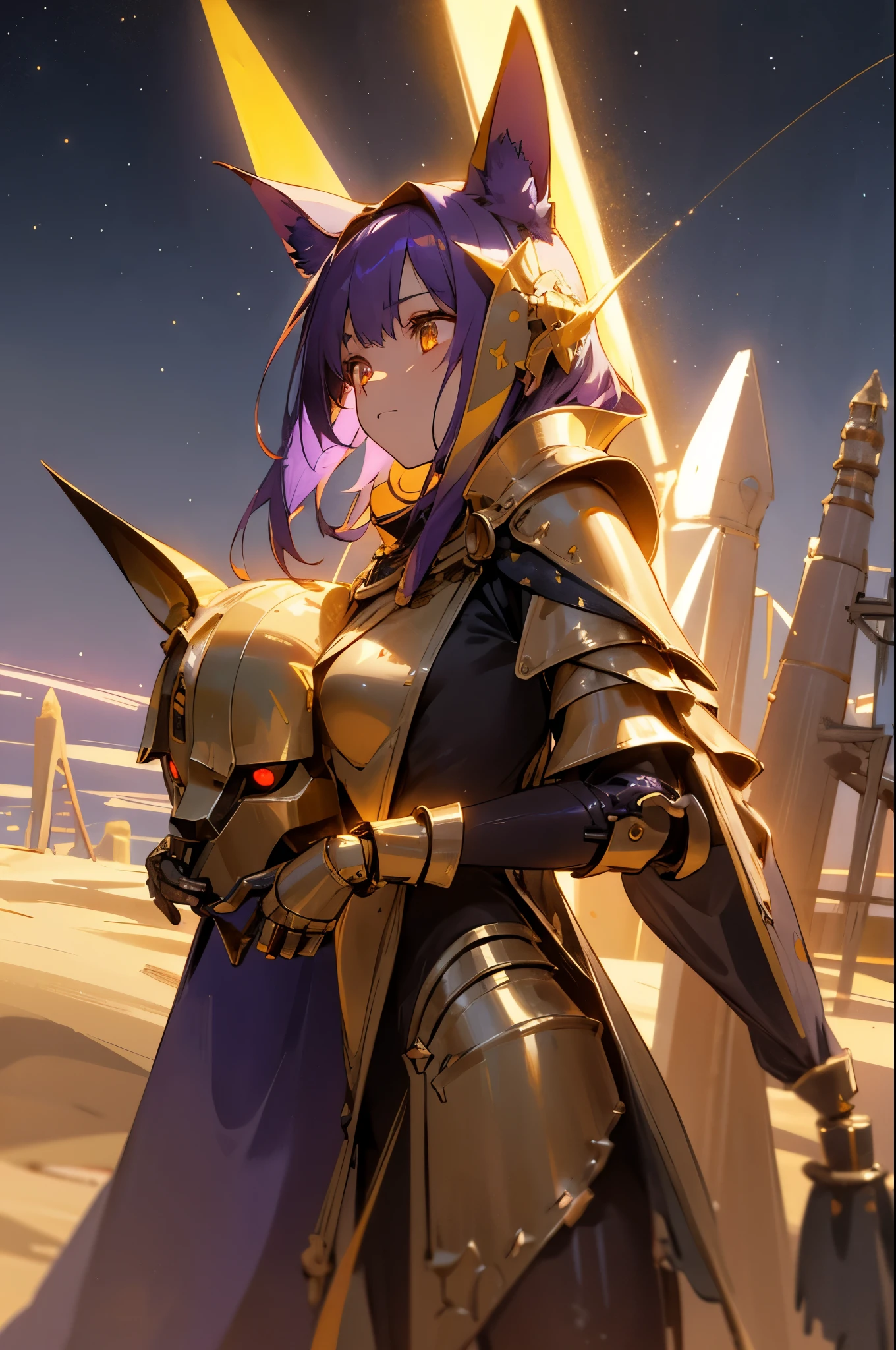 girl,purple hair,golden eyes,glowing eyes,glowing eyes,Sand,golden sickle,dog ears,Anubis,gods,poster,,epic,Tyndall effect,morning light,dust,Tower of Ruin,head down,feeling of despair,golden armor,starry sky,Head armor,Mechanical Age