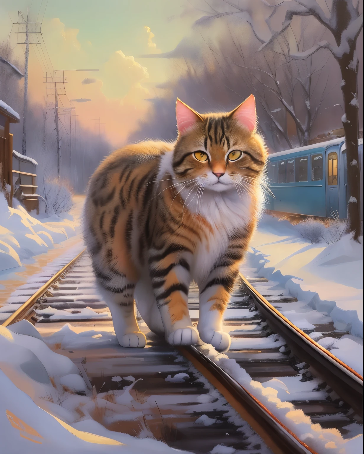 painting of a cat walking on a snowy train track, Andrzej Wroblewski, andrey gordeev, Relya Penezic, a painting of a cat, based on Raymond Leach, Tadeusz Pruszkowski, painting of a cat, Brian Thomas, by Pavel Fedotov