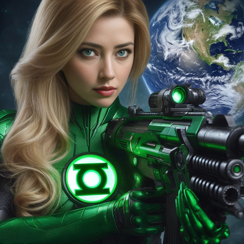 AMBER HEARD, 28 years, a woman in Linterna Verde costume holding a gun in front of a planet, Linterna Verde, the Linterna Verde, barbarian hammer 4k, Un guerrero esmeralda rubio, amouranth como supervillano, karol bak uhd, sci-fi female, armadura verde, AMBER HEARD como un atlante., Brazos verdes, cuerpo verde, as a retro futuristic heroine