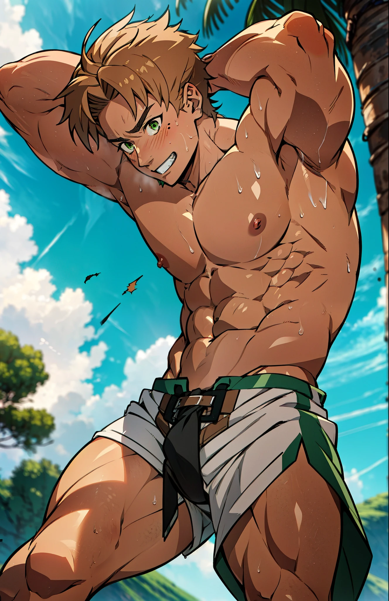 Showing off his muscular muscular back, red skin, bright red skin, the boy blushed shyly , rosy skin, shiny skin(muscular thigh muscles )( anime style, art) (photo angle from bottom up) (photo angle from the ground upwards) [Anime photo][highest quality photo][4k,HD photo quality ] wear tight and short loincloths , bulging loincloths, torn loincloths, wet loincloths, ancient, dirty loincloths (muscular thigh muscles, firm thigh muscles, muscular thigh muscles, sinewy thigh muscles, giant thigh muscles, strong leg muscles, muscular hamstring leg muscles)(thigh muscles bulging as if about to explode, muscular, calloused, sinewy, giant) , Rudeus Greyrat,fun, happy, huge body, muscular and muscular, bodybuilder, bodybuilding, standing, lots of sweat flowing down, topless, shirtless, hot sunny, 8 pack abs , short hair , green eyes, Side View , Raise your arms high to reveal your armpits, Hands behind the head.