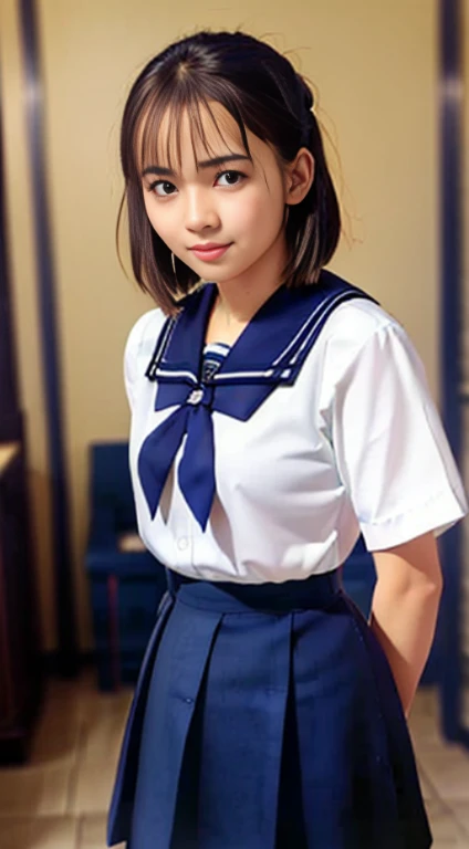 White see-through blouse,Face Interview, (Photo Real:1.4), (hyper realisitic:1.4), (realisitic:1.3), (Smooth lighting:1.05), (Improve video lighting quality:0.9), 1girl in, 12 years old :1.5, Realistic lighting, Back lighting, Facial light, raytrace, (cheerfulness:1.2), (Improved image quality:1.4), (Finest Real Textured Skins), finely eye, a small face, Red cheeks, skinny body, :1.2, Pointed jaws,,,,,,,, , glowy skin,  Blunt bangs, A dark-haired, Bob Hair、,Tear bag，Summer plateau、(White short sleeve blouse、Sailor School Uniform、Navy blue pleated skirt:1.2)、Cute baby face:1.2, No makeup:1.2、Thin pink lips:1.2, No lipstick:1.2、Elementary school girls:1.5