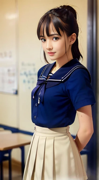 White see-through blouse,Face Interview, (Photo Real:1.4), (hyper realisitic:1.4), (realisitic:1.3), (Smooth lighting:1.05), (Improve video lighting quality:0.9), 1girl in,  :1.5, Realistic lighting, Back lighting, Facial light, raytrace, (cheerfulness:1.2), (Improved image quality:1.4), (Finest Real Textured Skins), finely eye, a small face, Red cheeks, skinny body, :1.2, Pointed jaws,,,,,,,, , glowy skin,  Blunt bangs, A dark-haired, Bob Hair、,Tear bag，Summer plateau、(White short sleeve blouse、Sailor School Uniform、Navy blue pleated skirt:1.2)、Cute baby face:1.eup:1.2、Thin pink lips:1.2, No lipstick:1.2、Elementary school gir