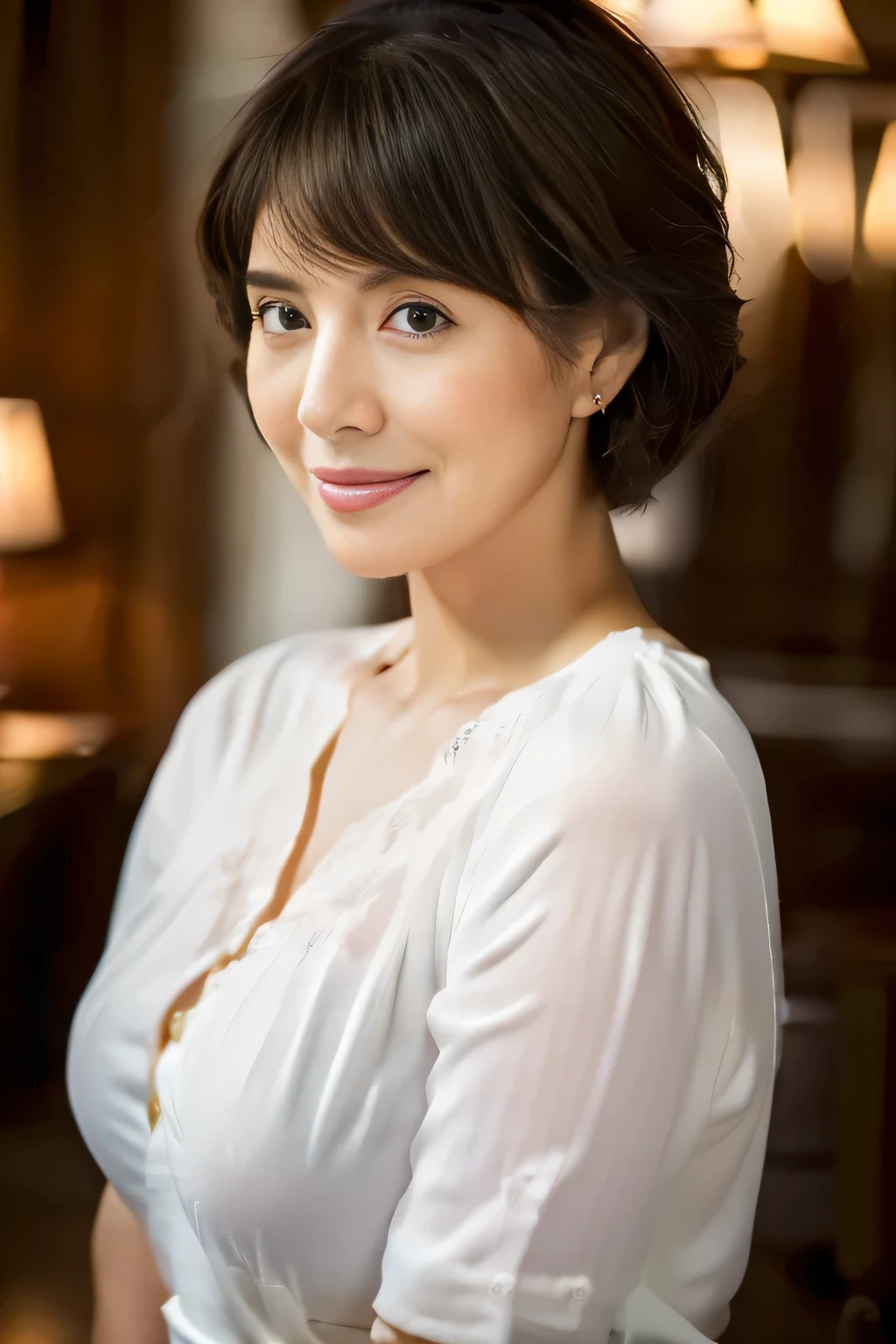 older woman, Wrinkles at the corners of the eyes,Wavy hair up to the shoulders, no-makeup, tiny chest,Average waist,Thick thighs,Average calf,Open legs, Gaze on the viewer, slightly turned to the side,In the garden in the evening,Sitting on a bench, White cotton shirt with collar on thin skin,Floral skirt, Detailed pictures of the whole body