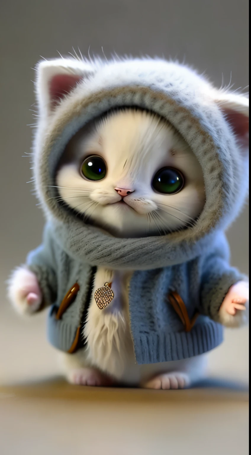kitten in clothes， miniature kitten， Animal focus， bearded， Realistic， Gonzo hand， ambiguous background，smile，interesting、