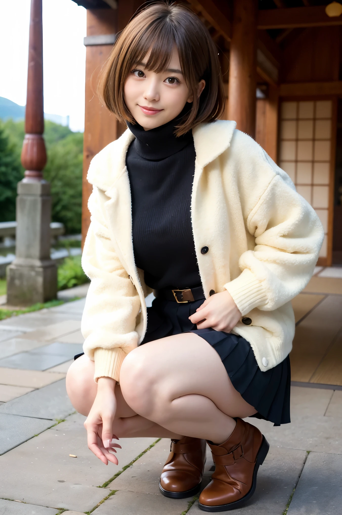 ((japanese girl)), 8K, RAWphotograph, highest quality, Super detailed, ultra high resolution, realistic, photographのように写実的な, 高精細RAWカラーphotograph, プロのphotograph, very detailed, 8k wallpaper, wonderful, finely, huge file size, very detailed顔, very detailed目, very detailed肌, very thin fingers, very detailed鼻, very detailed口, perfect ???????,thighs、Shin swelling、feet、 very detailed背景, realistic body, good figure, blown hair,photograph, (smile), perfect skin, perfect ???????, (Women's Clothing)、((((((頭からfeet先までの全身のphotographを撮ります))))))、(((Big so big that they spill out)))、(((NSFW)))、(((Light brown straight bob cut with slightly longer bangs and rounded sides.)))、((((black pantyhose))))、((((Brown short boots))))、(((スカートをめくってパンティを見せて立っているphotograph))、((Fleece jacket)), ((turtleneck sweater with open neckline)), ((pleated skirt))、((mousatsu))、I'm looking up at you
