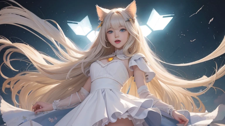 full body, laugh together, bright look、photorealism、highest quality、ultra high resolution、photograph、絶妙に美しい北欧生まれの女の子のphotograph、extraordinary beautiful girl、Detailed cute and beautiful face、(Pure Eros Face_v1:0.008)、beautiful bangs、alice in wonderland、18-year-old、glowing white shiny skin、Flow of hair that extends to the face、bangs between the eyes、super long hair、Attractive light and dark platinum blonde super long straight silky hair、thin hair、Charming shining beautiful bright clear light blue big eyes、white apron、yellow dress、eyeliner、double eyelids、rich bust、two girls、cat ears、great laugh togetherter、short skirt、White lace underskirt、pink panties、