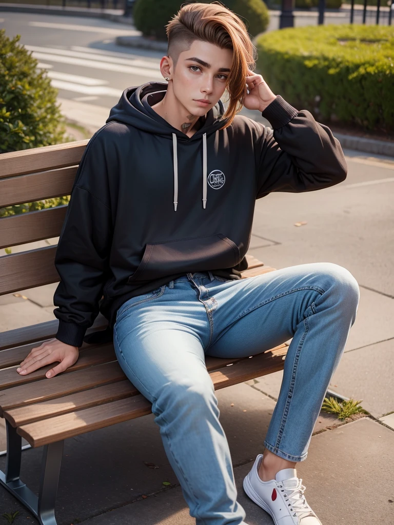 Homem de 20 anos, pele clara, corpo definido, cabelo undercut comprido, jeans and hoodie, brincos nas orelhas, sitting on a park bench, detalhado