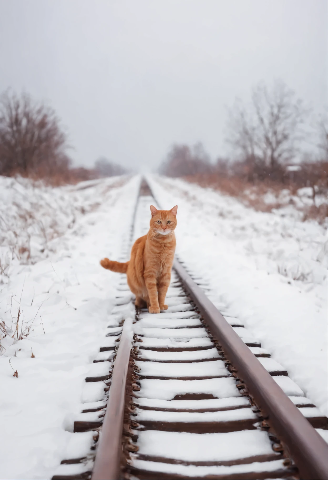 The soul of a red cat, sky, clouds, railway goes into the sky,snow, snowfall, railway tracks, train, cat tracks