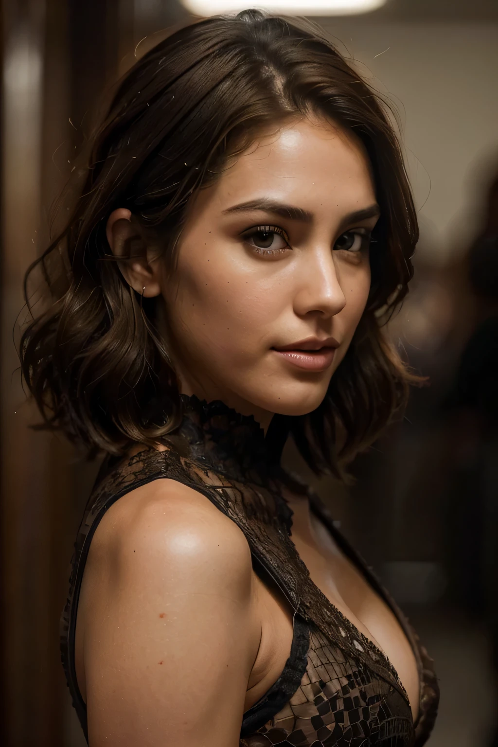 Breathtaking cinematic photo of a 30 year old girl with brown hair and brown eyes, happy, cheerful expression, closed mouth, beautiful lips, intricate details, shallow depth of field, highly detailed, high budget, epic Hollywood film, gorgeous, masterpiece, award-winning, professional, highly detailed, detailed skin texture, (blush: 0.5), (goosebumps: 0.5). (the most beautiful woman in the world) (brown hair) (short curly hair, wild hair, stylish cut) thin face, thin nose, beautiful, very beautiful, perfect face, slender body (slender), (brown hair) (brown eyes ) (white skin) Beautiful body, western face, predatory eyes, pink lips, thick thighs. full body, western beauty, thin nose, beautiful, perfect, ((best quality)), ((ultra resolution)), ((photorealistic: 1.4)), (intricate details), perfect face, makeup: 1.5 , clear face, facial details. front view ((uniform, tactical costume, agent costume, spy))bikini
