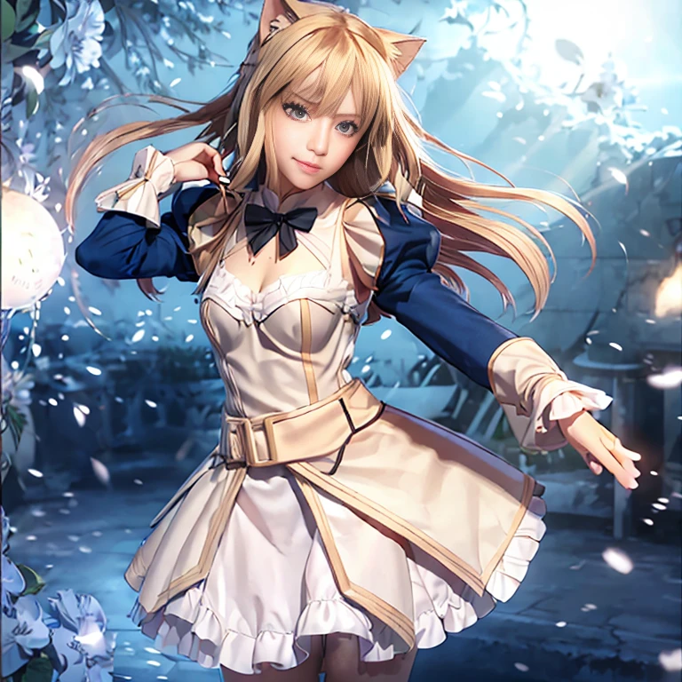 bright look、photorealism、highest quality、ultra high resolution、photograph、絶妙に美しい北欧生まれの女の子のphotograph、extraordinary beautiful girl、Detailed cute and beautiful face、(Pure Eros Face_v1:0.008)、beautiful bangs、alice in wonderland、18-year-old、glowing white shiny skin、Flow of hair that extends to the face、bangs between the eyes、super long hair、Attractive light and dark platinum blonde super long straight silky hair、thin hair、Charming shining beautiful bright clear light blue big eyes、white apron、yellow dress、eyeliner、double eyelids、rich bust、two girls、cat ears、Laughter、short skirt、White lace underskirt、pink panties、