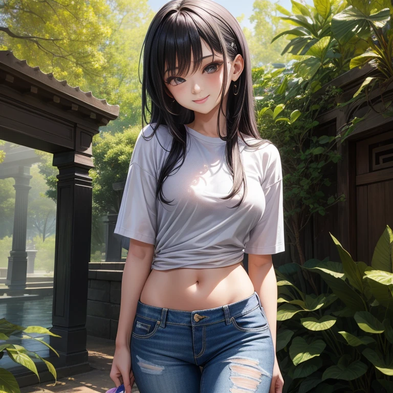(Best quality, masterpiece: 1.2), Thai girl, sexy lady Cybernetics, Smiling sweetly, Casual outfit: 1.5, Short jeans: 1.5, Detailed facial expression: 1.5,
A Thai cybernetics girl radiating a sweet smile, wearing well-fitted short jeans that accentuate her slender figure. The intricate details of her cybernetic enhancements contrast starkly with her natural, radiant expression. The setting is balanced between natural and urban elements, suggesting a garden or park environment. The sunlight filters through the trees, casting dappled patterns on her body, adding depth and texture to the image. The vivid colors and sharp