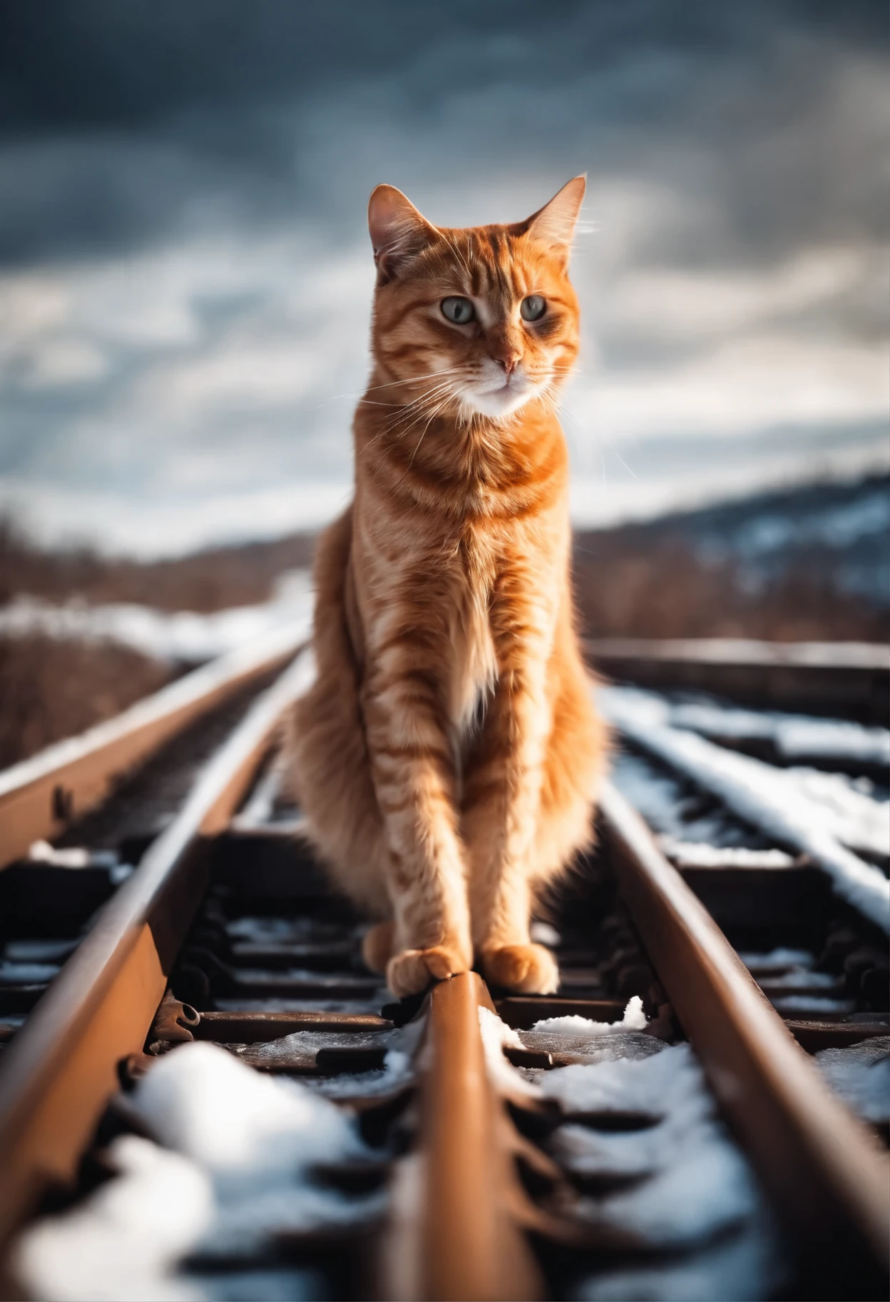 The soul of a red cat, sky, clouds, railway goes into the sky,snow, snowfall, railway tracks, train, cat tracks