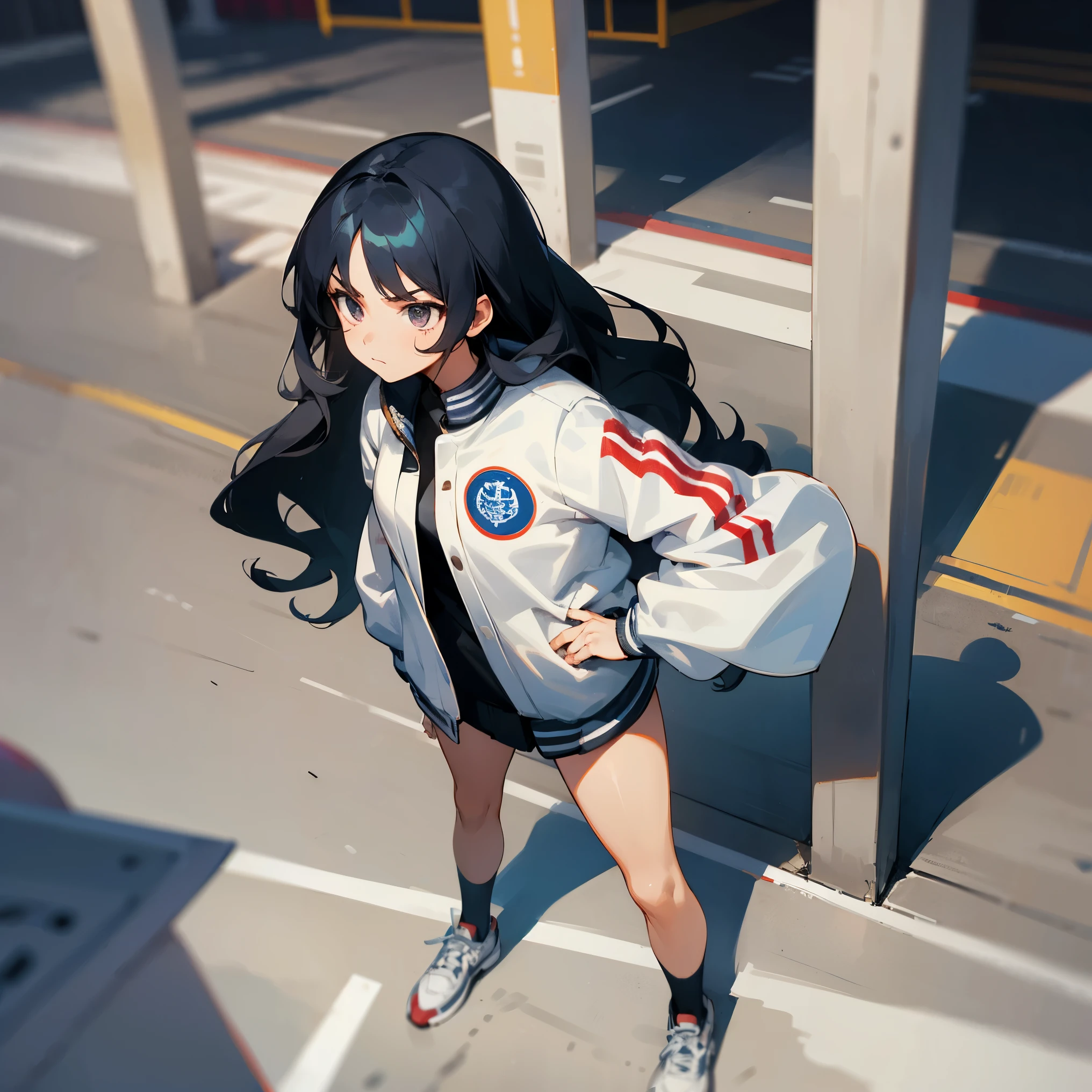 1female , Long Wavy Hair , Black Hair , Young Female , Olympic Letterman Jacket , Long , Blueish Black Eyes , Muscular , Standing on sidewalk , Serious Expression , Lean Build