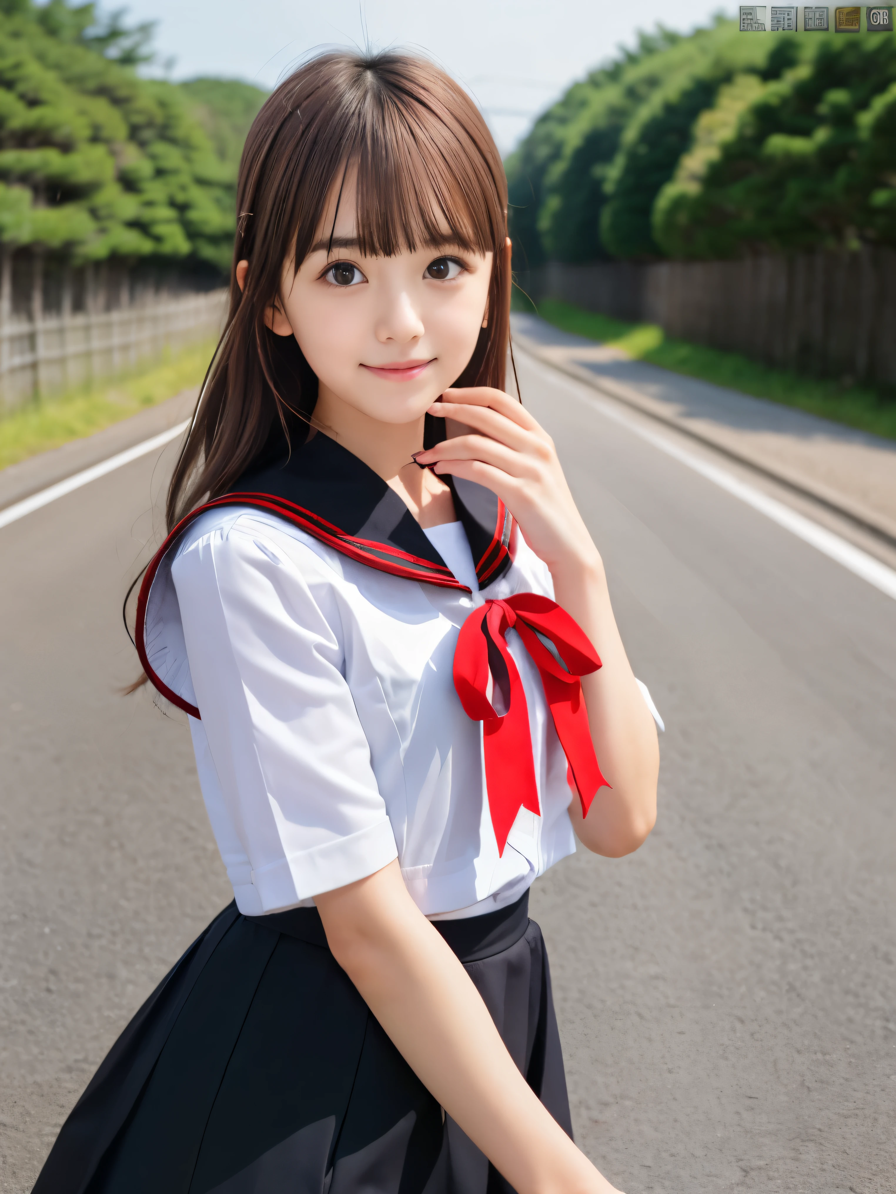 (Close-up portrait of a girl、In a white sailor suit with a black collar, black skirt and red trim、Has long reddish-brown wavy hair with blunt bangs:1.5)、(the girl has brown eyes、Walking down a country road in Japan with a small smile on my face:1.5)、(anatomically correct:1.3)、(full hand:1.3)、(Refers to the whole:1.3)、Photoreal、RAW photo、table top、highest quality、High resolution、delicate and beautiful、perfect face、beautiful and detailed eyes、Fair skin、real human skin、((thin legs))