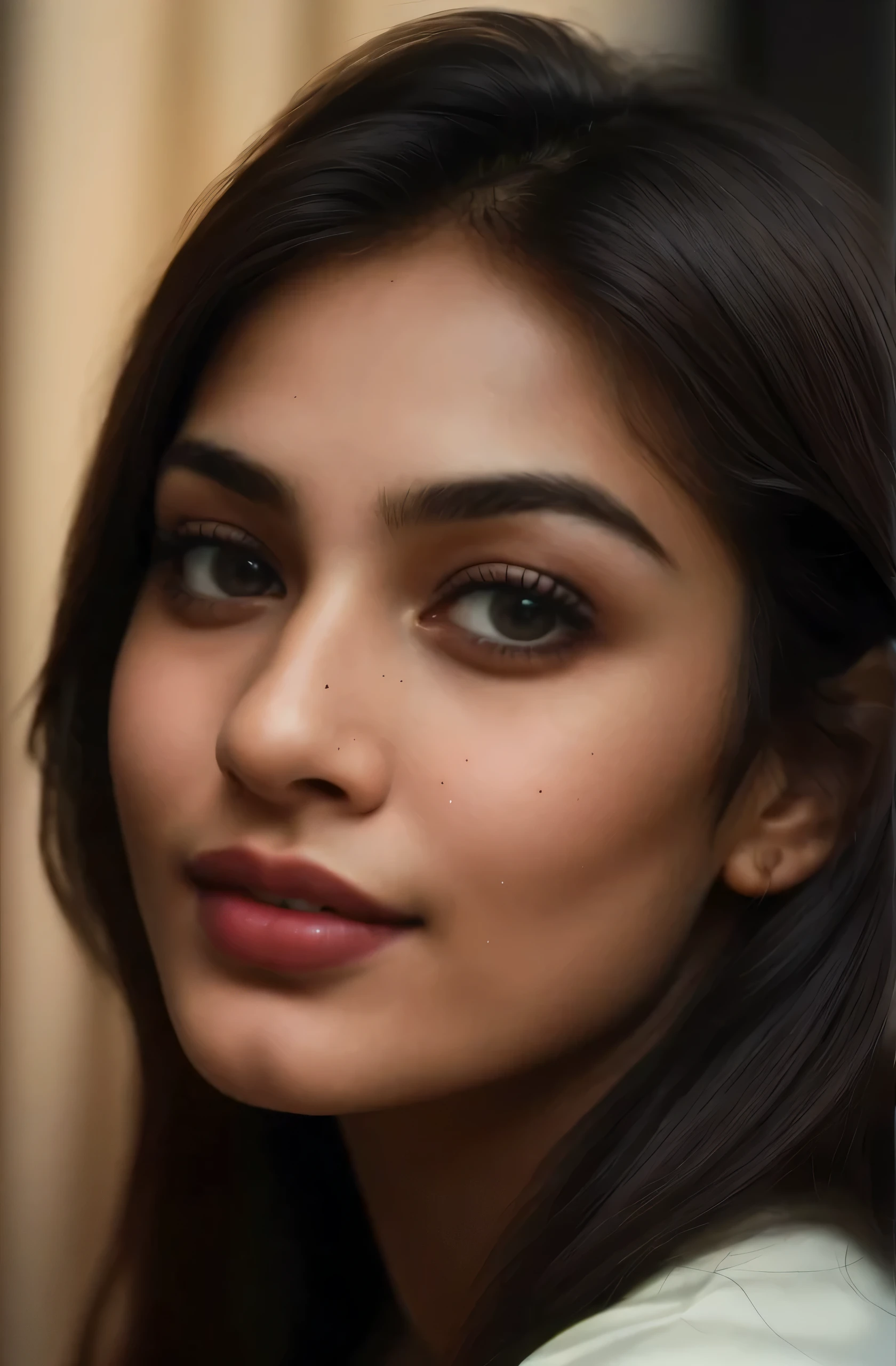 "A girl standing in portrait mode, front-facing. The photograph captures her in close-up, emphasizing a 21-year-old with a sharp jawline and a small, subtle mole below her left lips. The highly detailed face, rated at 1.4, showcases a charming smile (smile: 0.7). The background is set inside a dark, moody, private study (background: 1.3), with the point of view captured by Lee Jeffries using a Nikon D850. The film stock is Kodak Portra 400, with a camera featuring an f1.6 lens, producing rich colors, hyper-realistic lifelike texture, and dramatic lighting. The use of Cinestill 800 film enhances the overall mood. The portrait highlights a defined jawline, with a captivating gaze directly into the camera, and a portrait pose featuring highlighted moles. The composition includes the girl's shoulders."