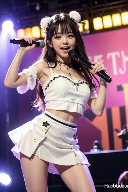 Woman in idol costume、Pose while singing and dancing happily together, Sweat and have fun, Everyone is smiling and having fun, Enjoy the moment. Girls are surrounded by cute and colorful decorations, and、They are comfortable and relaxing. They are all good friends, and、They are happy to spend time together, {{{{arena}}}},idol stage, {{{spot lighting}}}, {{{Light from above}}}, {{{{Hanabubuki:1.3, motion blur}}}},{{{Dutch Angle Shot}}}, muste piece, disorganized, best quality, elaborate details, best quality, 8K, best aethetic, beautiful art, Super detailed, illustration, white panties、very short skirt、