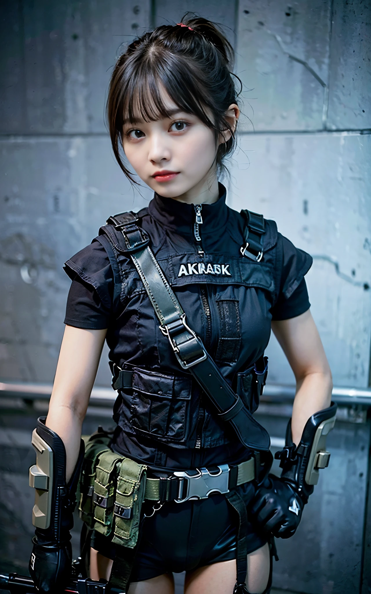 ((Best Quality, 8K, Masterpiece: 1.3)), ((best quality)), photorealistic, photorealism, Photorealistic, high resolution, 1girl aiming with an ak-47 assault rifle, Combat pose, looking at the camera, (Detailed face), short hair, (wearing red rubber suit, tactical vests, military harness, black gloves, high-tech headset), cloths color based on black dark blue), revealed thigh, Gun, Fingers are occluded, concrete wall background,