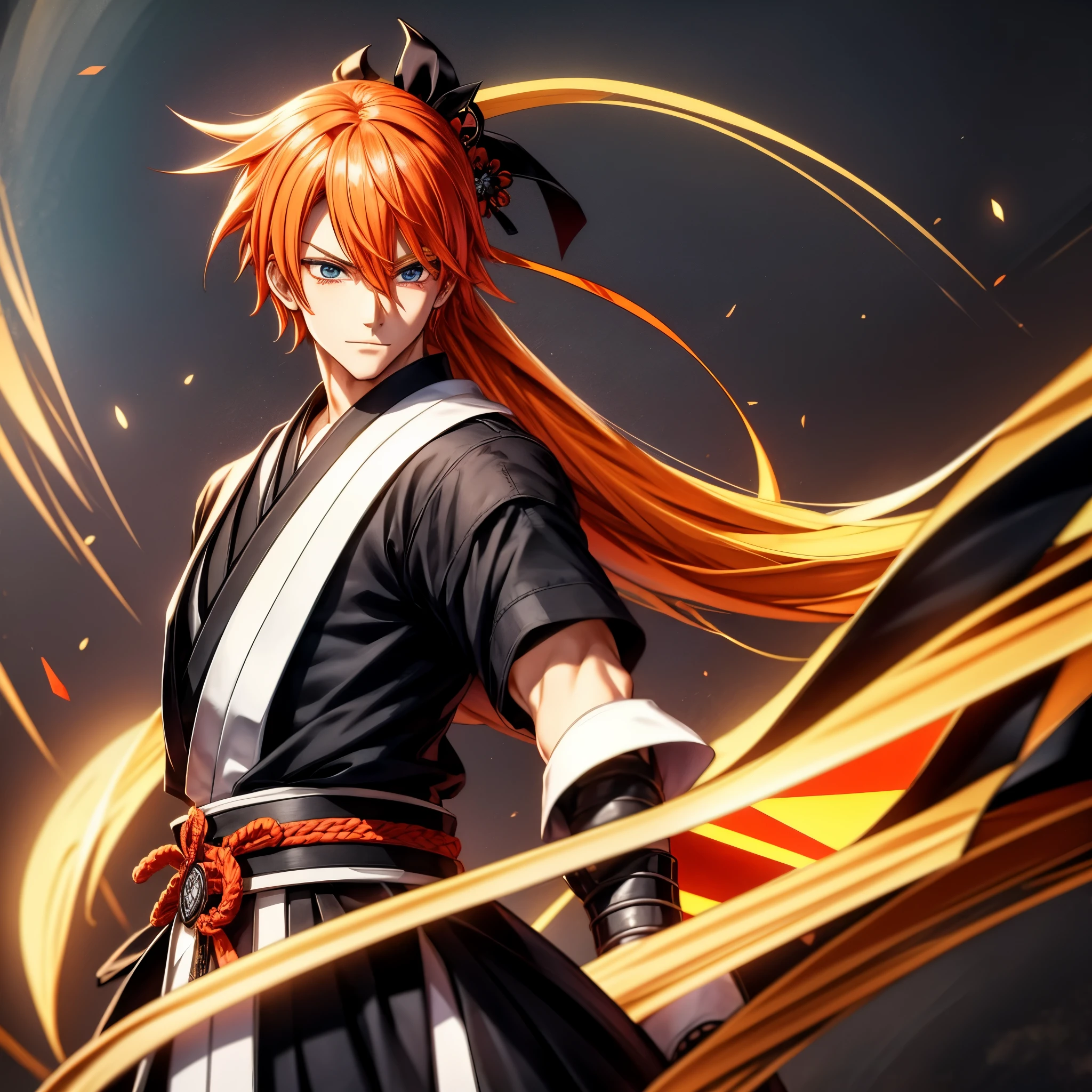 Ichigo-Kuroski Character ((Male)) , Orange Hair Ichigo Bleach style , One (( Samurai)) Bankai sword, Black Eyes , (( CUTE )) , Only One Character , (( Focus on a Character )) , Digital Anime combat Pose, Powerful , Beautiful Man , large black Sword, multidimensional geometric wall PORTRAIT, arte, Chibi, Yang08k, lindo, Colouring, Primary works, qualidade superior, melhor qualidade, Arte Oficial, Beautiful and Aesthetic, varied multi etc. --v 6 --s 1000 --c 20 --q 20 --chaos 100