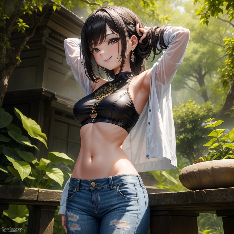 masterpiece, best quality, ultra detailed, 1 girl, ((((best quality)))), smiling, planting flowers, detailed colorful flowers, watering flowers, beautiful detailed sky, (((beautiful detailed cumulonimbus clouds))), ((((sunlight)))), looking at flowers, (spoken heart), heart, sweat, beautiful detailed water, teeth, ((narrow eyes)), ,(villain_racer:1.3), eyelashes, belly button, (glasses on head:1.3), fishnet stockings, fishnet pantyhose, gloves, (((defined abs muscle))), (((crop top))), choker, hair ornament, thigh strap, arm strap, stockings, (((unbuttoned shorts))), collarbone, (((hyper quality 32k))),