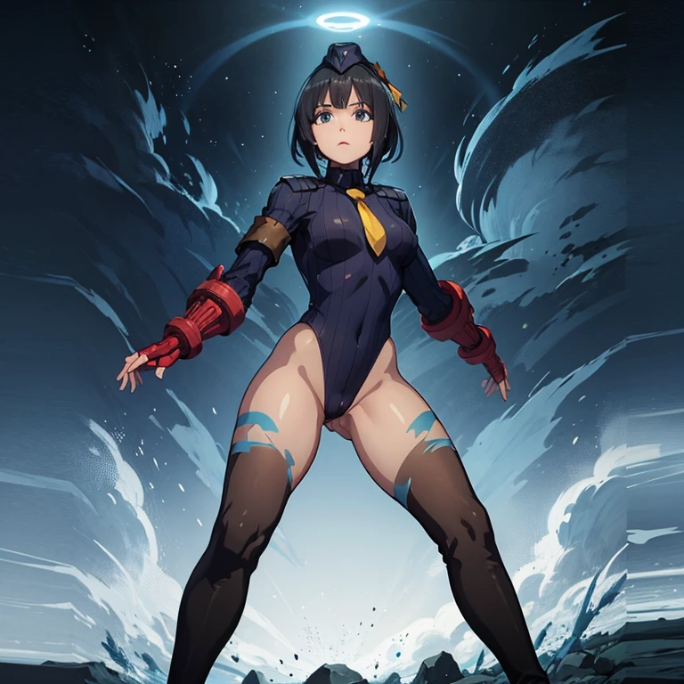 ultra-detailed, Explicit, Beautiful body, Beautiful Nose, Beautiful character design, perfect eyes, perfect face, ultra highres, 4K, beautiful legs, perfect legs, Nice hands, Perfect hand, Masterpiece, Best Quality, Highly detailed, illustration, absurdres, perfect anatomy, street fighter, doll suit, shadaloo doll, dollsuit, expressionless, blank eyes, looking at viewer, red gloves, emotionless, black latex, corrution, mind control, female combatant, full body, hypnotized, unhappy trance, full body suit, ribbed bodysuit, both arms at side, obey, perfect female body, extremely glossy latex, hypnosis, hypnoLora, empty eyes, Mind control device, poses, submissive_pose, Slave, hat, necktie, stand up straight, standing, standing at attention, hat, necktie, belt, latex, ribbed bodysuit, thighhighs, garter belt, Fighting Stance, extending the right arm from the shoulder into the air with a straightened hand, military, thigh boots, 1girl, Solo, dark green hair, medium hair, blue eyes, Jippensha Nashiko, ribbon, pon no michi