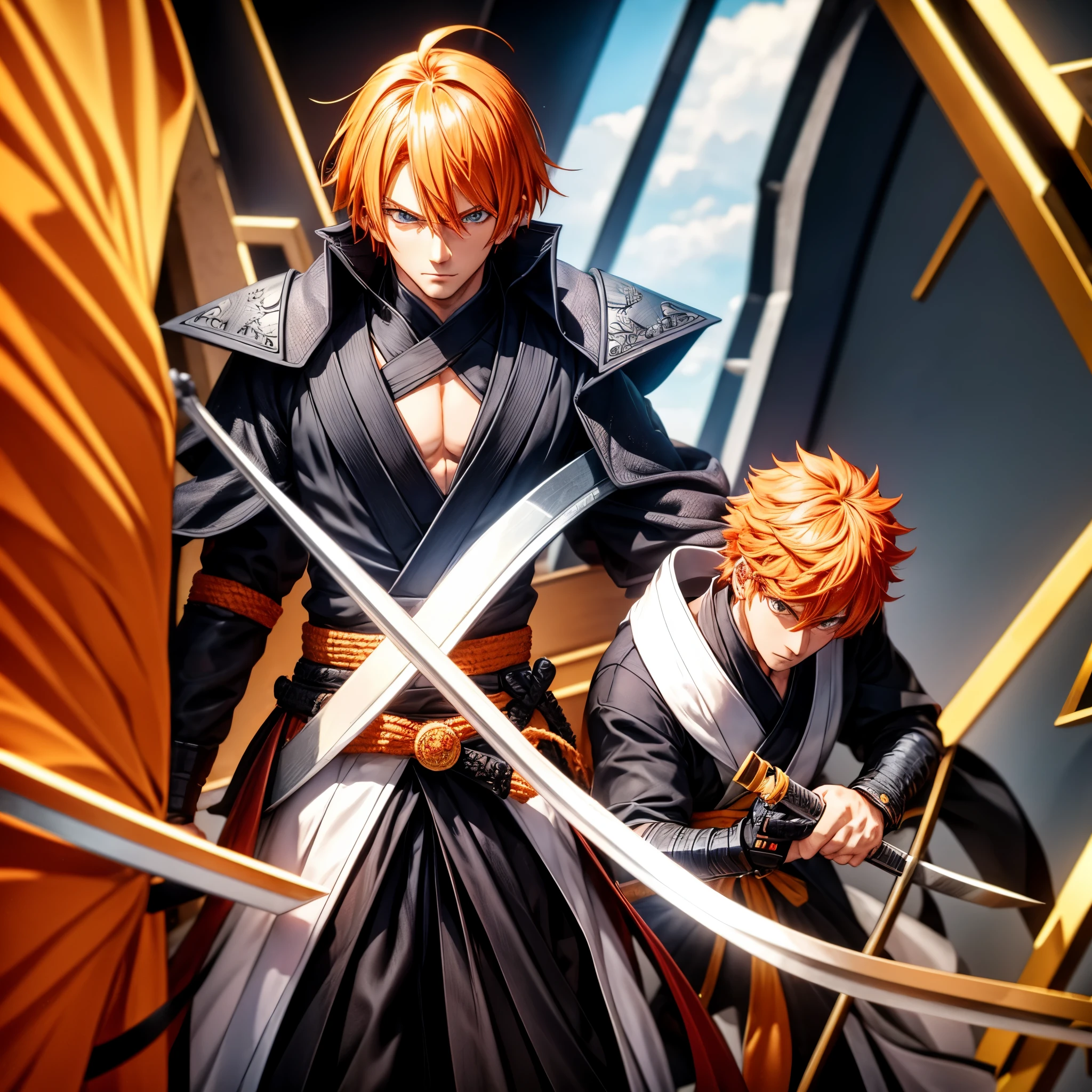 Ichigo-Kuroski Character ((Male)) , Orange Hair Ichigo Bleach style , One (( Samurai)) Bankai sword, Black Eyes , (( CUTE )) , Only One Character , (( Focus on a Character )) , Digital Anime combat Pose, Powerful , Beautiful Man , large black Sword, multidimensional geometric wall PORTRAIT, arte, Chibi, Yang08k, lindo, Colouring, Primary works, qualidade superior, melhor qualidade, Arte Oficial, Beautiful and Aesthetic, varied multi etc. --v 6 --s 1000 --c 20 --q 20 --chaos 100