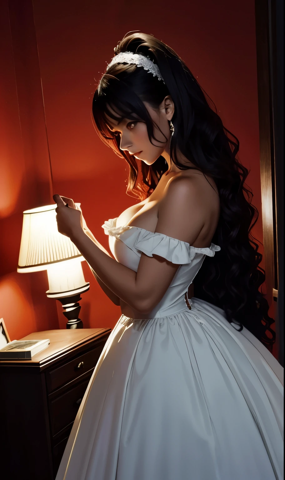 Un noble vampiro sueco, muy bonita, pelo rojo largo y liso,ojos verde claro,cara redonda,piel blanca, pechos medios, cintura fina, vistiendo ropa oscura elegante, y atractiva, in a dark room IN THE MIDDLE OF THE NIGHT,dutch angle,