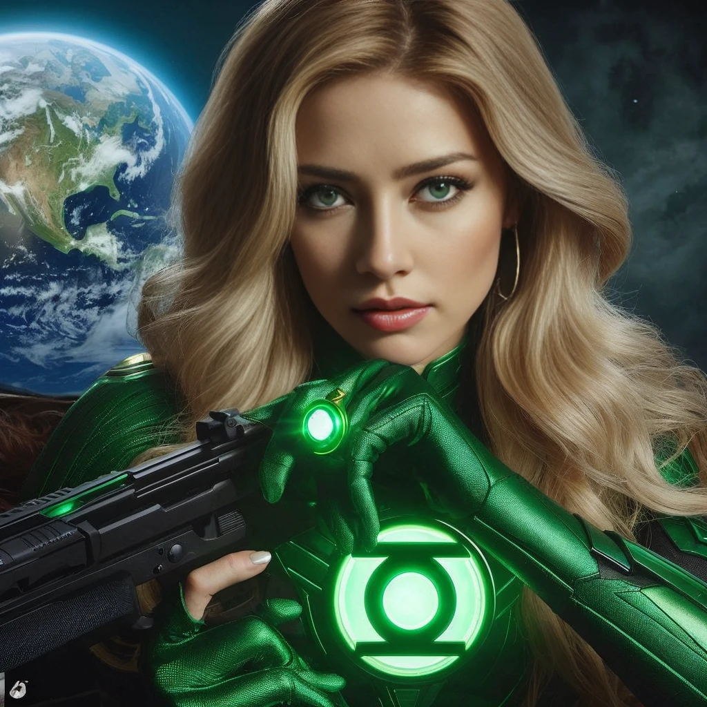 AMBER HEARD, 28 years, a woman in Linterna Verde costume holding a gun in front of a planet, Linterna Verde, the Linterna Verde, barbarian hammer 4k, Un guerrero esmeralda rubio, amouranth como supervillano, karol bak uhd, sci-fi female, armadura verde, AMBER HEARD como un atlante., Brazos verdes, cuerpo verde, as a retro futuristic heroine