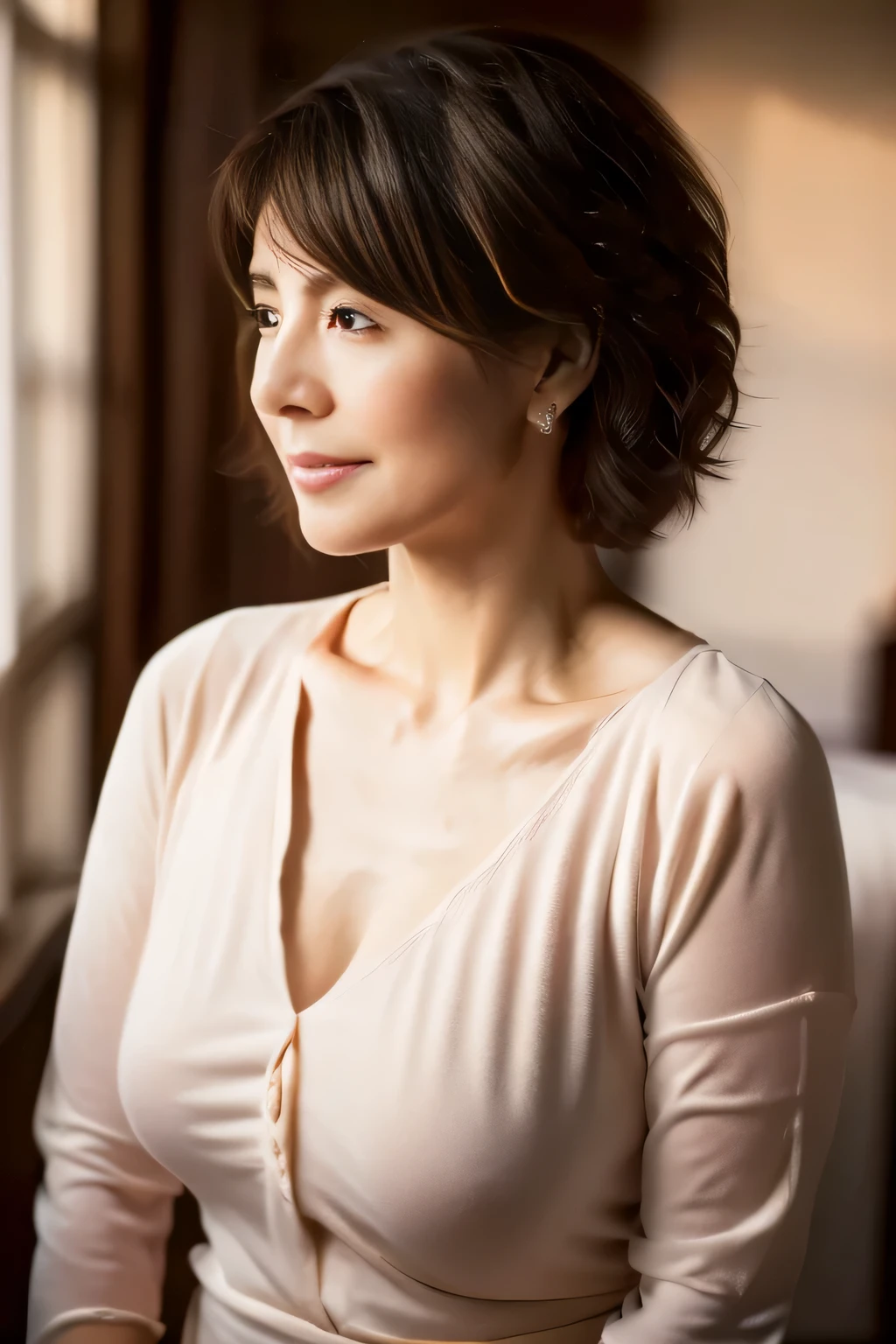 (highest quality,8K,masterpiece),professional lighting,anatomically correct,
beautiful mature woman,50 years old,Very beautiful Japan models,proudly,look forward,realistic wrinkles,
big breasts,
pixie cut,
earrings,