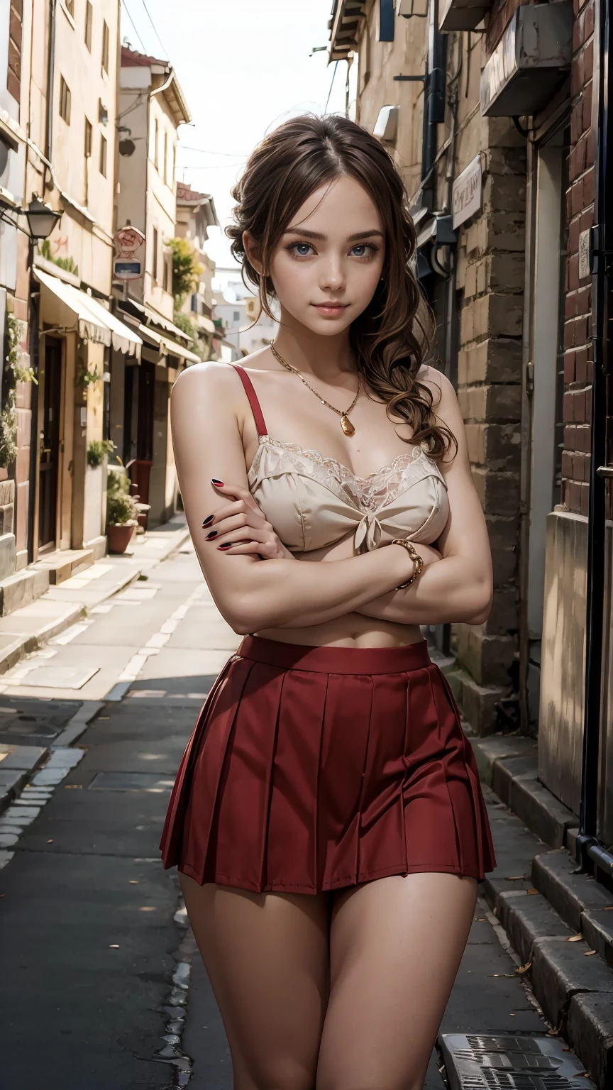 Natalie portman、Sticking out the navel、newyork、She wears a torn Spider-Man suit,wearing skirt、 Red and black color scheme,Dynamic、masterpiece、top-quality、ultra-detailliert、ighly detailed、beautiful detailed brilliance、超A high resolution