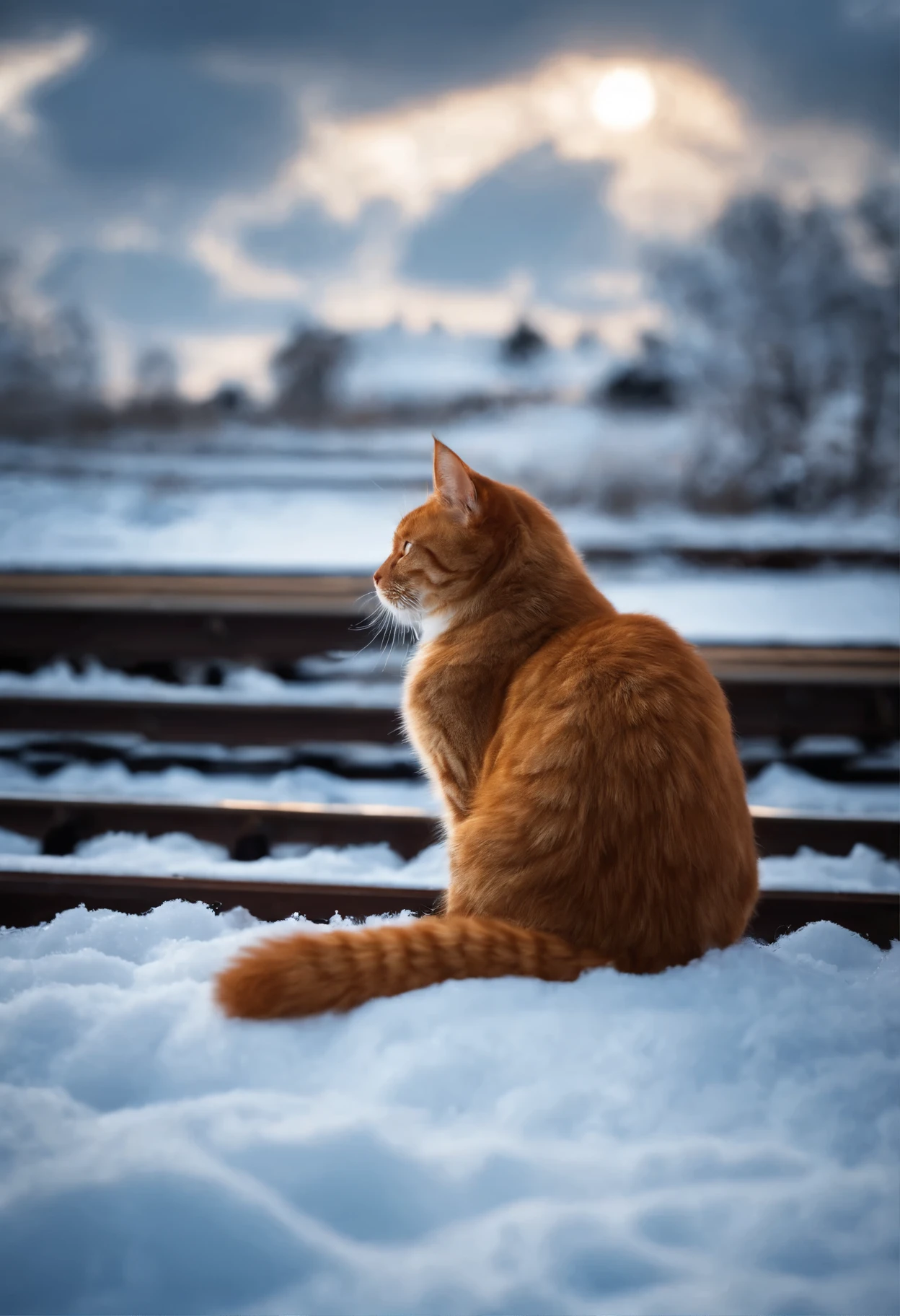 The soul of a red cat, sky, clouds, railway goes into the sky,snow, snowfall, railway tracks, train, cat tracks