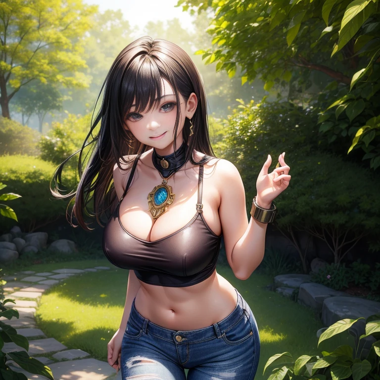 (Best quality, masterpiece: 1.2), Thai girl, big boob sexy lady Cybernetics, Smiling sweetly, Casual outfit: 1.5, Short jeans: 1.5, Detailed facial expression: 1.5,
A Thai cybernetics girl radiating a sweet smile, wearing well-fitted short jeans that accentuate her slender figure. The intricate details of her cybernetic enhancements contrast starkly with her natural, radiant expression. The setting is balanced between natural and urban elements, suggesting a garden or park environment. The sunlight filters through the trees, casting dappled patterns on her body, adding depth and texture to the image. The vivid colors and sharp