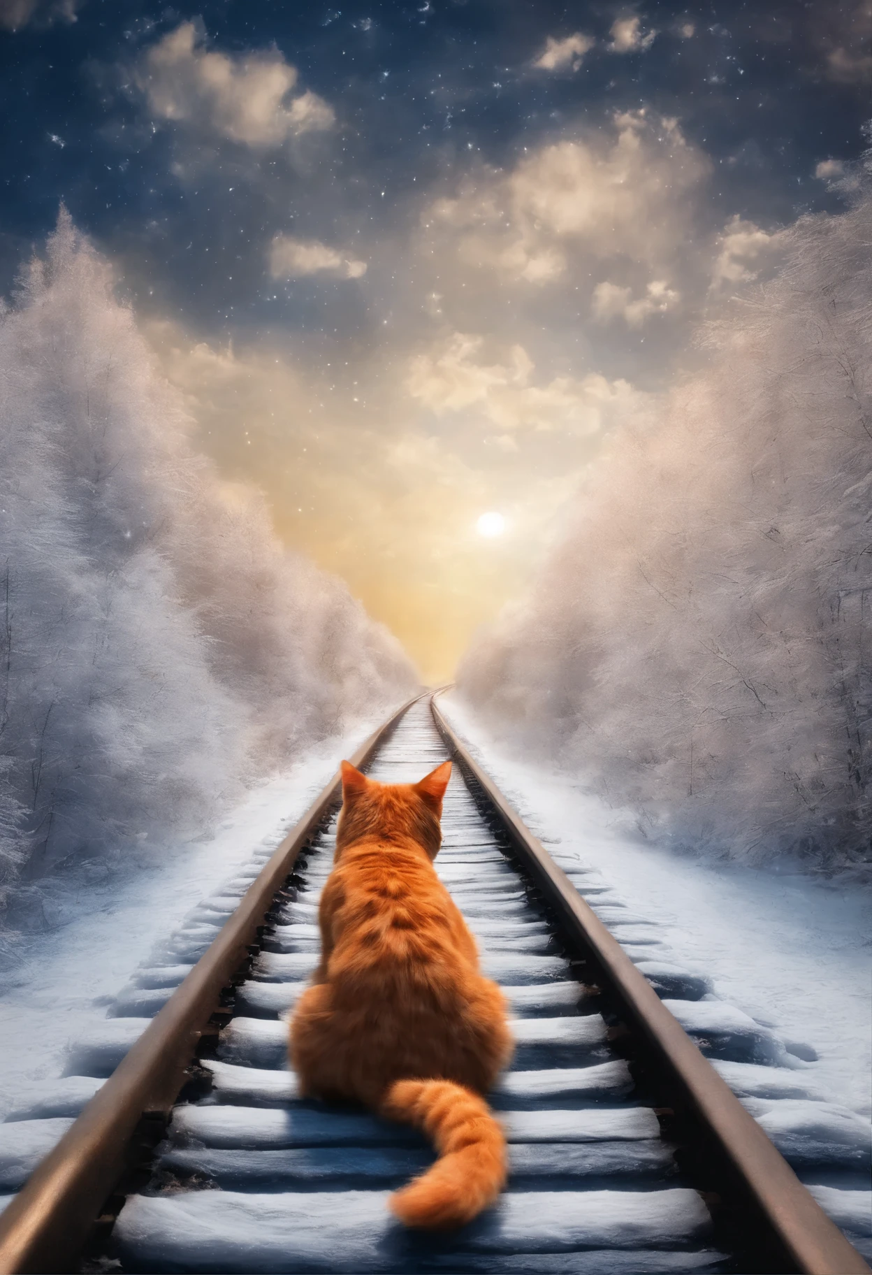 The soul of a red cat, sky, clouds, railway goes into the sky,snow, snowfall, railway tracks, train, cat tracks