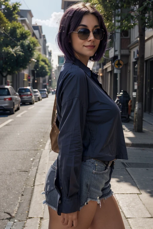 "A photorealistic portrait of a 25-year-old American girl with short purple hair and blue eyes, Wearing sunglasses, huge breasts, and a dark gray shirt. She should have a big smile and be illuminated by soft, golden-hour sunlight. The background should be a scenic outdoor setting, perhaps an urban street. Capture this image with a high-resolution photograph using an 85mm lens for a flattering perspective."