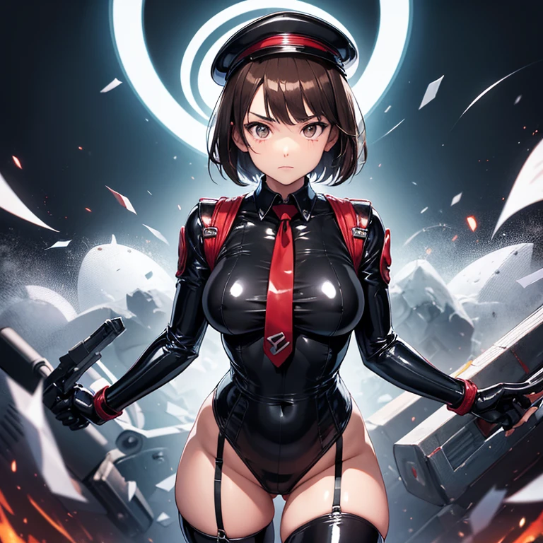 ultra-detailed, Explicit, Beautiful body, Beautiful Nose, Beautiful character design, perfect eyes, perfect face, ultra highres, 4K, beautiful legs, perfect legs, Nice hands, Perfect hand, Masterpiece, Best Quality, Highly detailed, illustration, absurdres, perfect anatomy, street fighter, doll suit, shadaloo doll, dollsuit, expressionless, blank eyes, looking at viewer, red gloves, emotionless, black latex, corrution, mind control, female combatant, full body, hypnotized, unhappy trance, full body suit, ribbed bodysuit, both arms at side, obey, perfect female body, extremely glossy latex, hypnosis, hypnoLora, empty eyes, Mind control device, poses, submissive_pose, Slave, hat, necktie, stand up straight, standing, standing at attention, hat, necktie, belt, latex, ribbed bodysuit, thighhighs, garter belt, Fighting Stance, extending the right arm from the shoulder into the air with a straightened hand, military, thigh boots, 1girl, Solo, brown hair, short hair, brown eyes, Saki Miyanaga, Saki