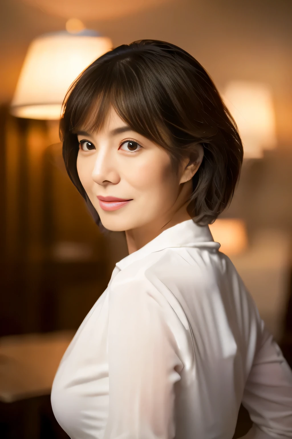 (highest quality,8K,masterpiece),professional lighting,anatomically correct,
beautiful mature woman,50 years old,Very beautiful Japan models,proudly,look forward,realistic wrinkles,look at the camera,
big breasts,
pixie cut,
earrings,