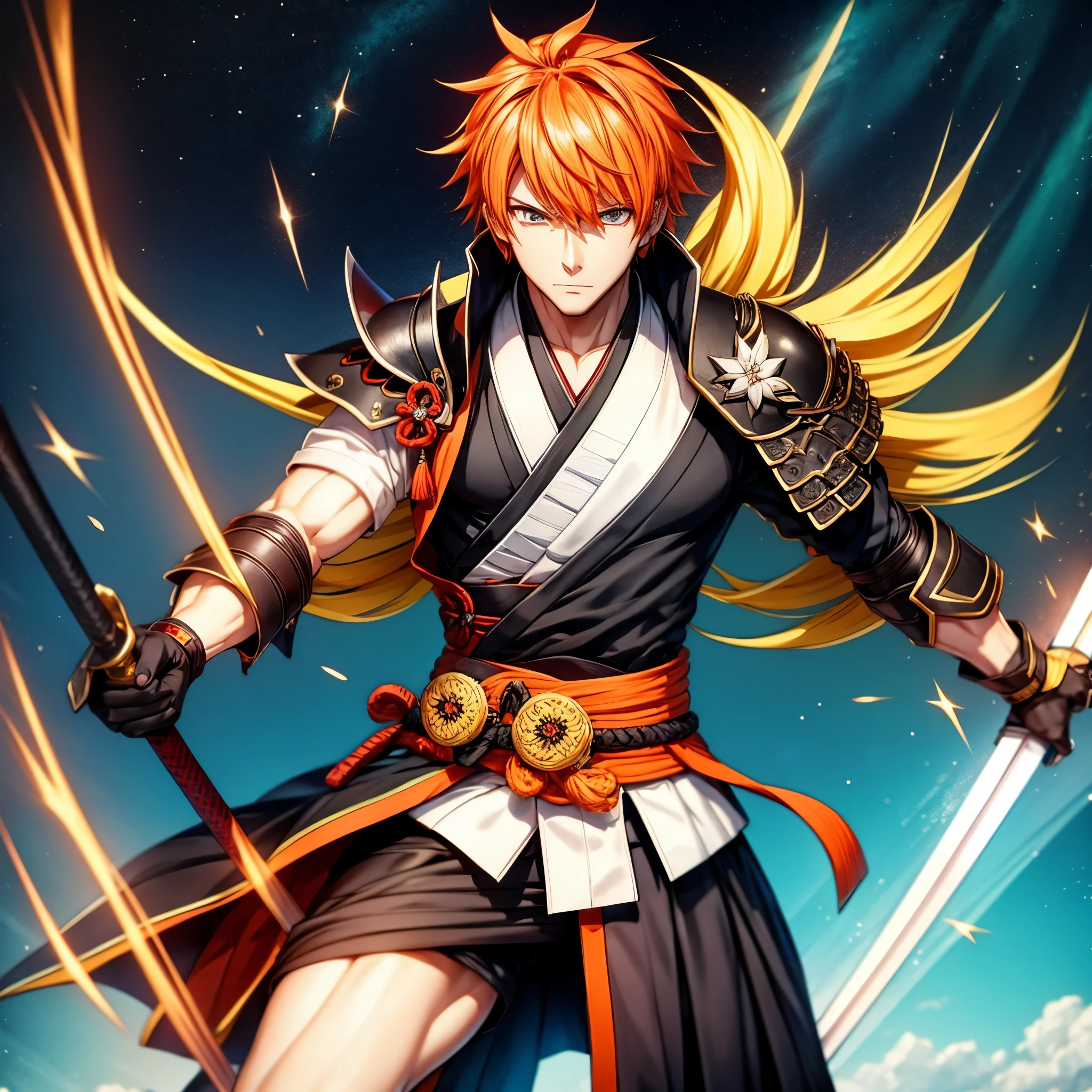 Ichigo-Kuroski Character ((Male)) , Orange Hair Ichigo Bleach style , One (( Samurai)) Bankai sword, Black Eyes , (( CUTE )) , Only One Character , (( Focus on a Character )) , Digital Anime combat Pose, Powerful , Beautiful Man , large black Sword, multidimensional geometric wall PORTRAIT, arte, Chibi, Yang08k, lindo, Colouring, Primary works, qualidade superior, melhor qualidade, Arte Oficial, Beautiful and Aesthetic, varied multi etc. --v 6 --s 1000 --c 20 --q 20 --chaos 100