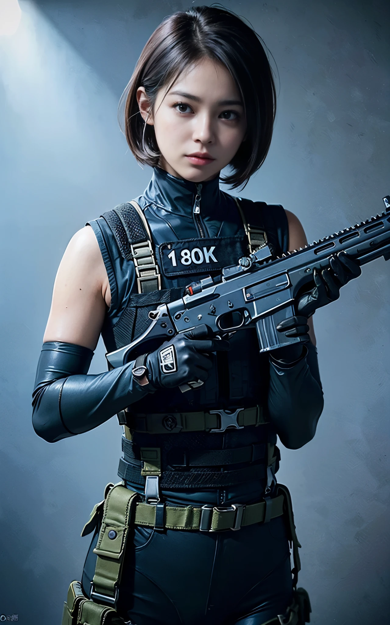 ((Best Quality, 8K, Masterpiece: 1.3)), ((best quality)), photorealistic, photorealism, 1girl aiming with an ak-47 assault rifle, Combat pose, Photorealistic, high resolution, looking to the camera, (Detailed face), short black hair, red rubber suit, tactical vests, military harness, revealed thigh, Gun,black gloves, high-tech headset, Fingers are occluded, concrete wall background,