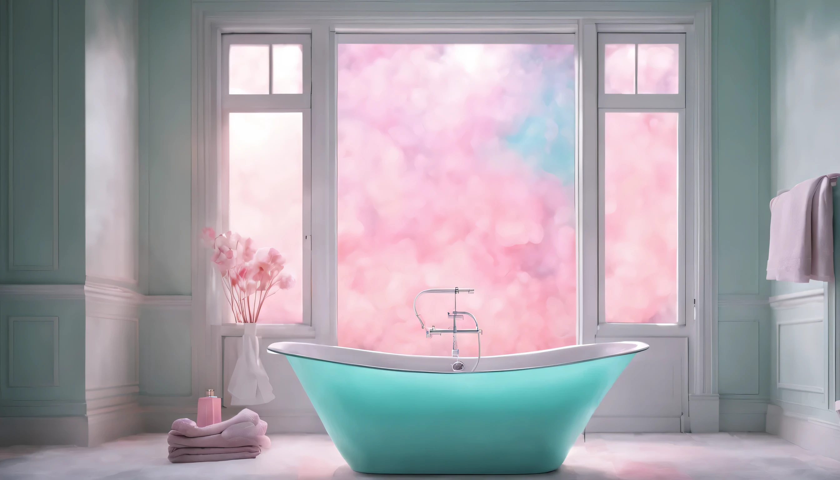 Bright bathroom pastel colour fog bathtub soap pink Soft luminescence cyan light coming through the window