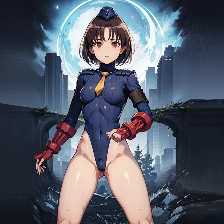ultra-detailed, Explicit, Beautiful body, Beautiful Nose, Beautiful character design, perfect eyes, perfect face, ultra highres, 4K, beautiful legs, perfect legs, Nice hands, Perfect hand, Masterpiece, Best Quality, Highly detailed, illustration, absurdres, perfect anatomy, street fighter, doll suit, shadaloo doll, dollsuit, expressionless, blank eyes, looking at viewer, red gloves, emotionless, black latex, corrution, mind control, female combatant, full body, hypnotized, unhappy trance, full body suit, ribbed bodysuit, both arms at side, obey, perfect female body, extremely glossy latex, hypnosis, hypnoLora, empty eyes, Mind control device, poses, submissive_pose, Slave, hat, necktie, stand up straight, standing, standing at attention, hat, necktie, belt, latex, ribbed bodysuit, thighhighs, garter belt, Fighting Stance, extending the right arm from the shoulder into the air with a straightened hand, military, thigh boots, 1girl, Solo, brown hair, short  hair, brown eyes, Saki Miyanaga, Saki
