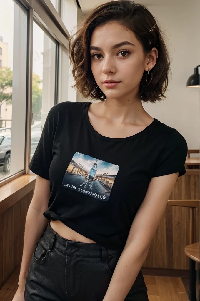 (Realistic:1.2), analog photo, selfie, woman with ,21 year old gril , , cinematic lights, silhouette stands in a sunbeam ,black pants ,wearing a blue t-shirt ,Cute and sexy,, that has a very natural face, thin lips, thin eyes, thin eyebrows, thin nose, earrings, long eyelashes. She makes a cute selfie in a cafe brown hair) (short curly hair, wild hair, stylish cut) thin face, thin nose, beautiful, very beautiful, perfect face, slender body (slender), (brown hair) (gren eyes ) (white skin)