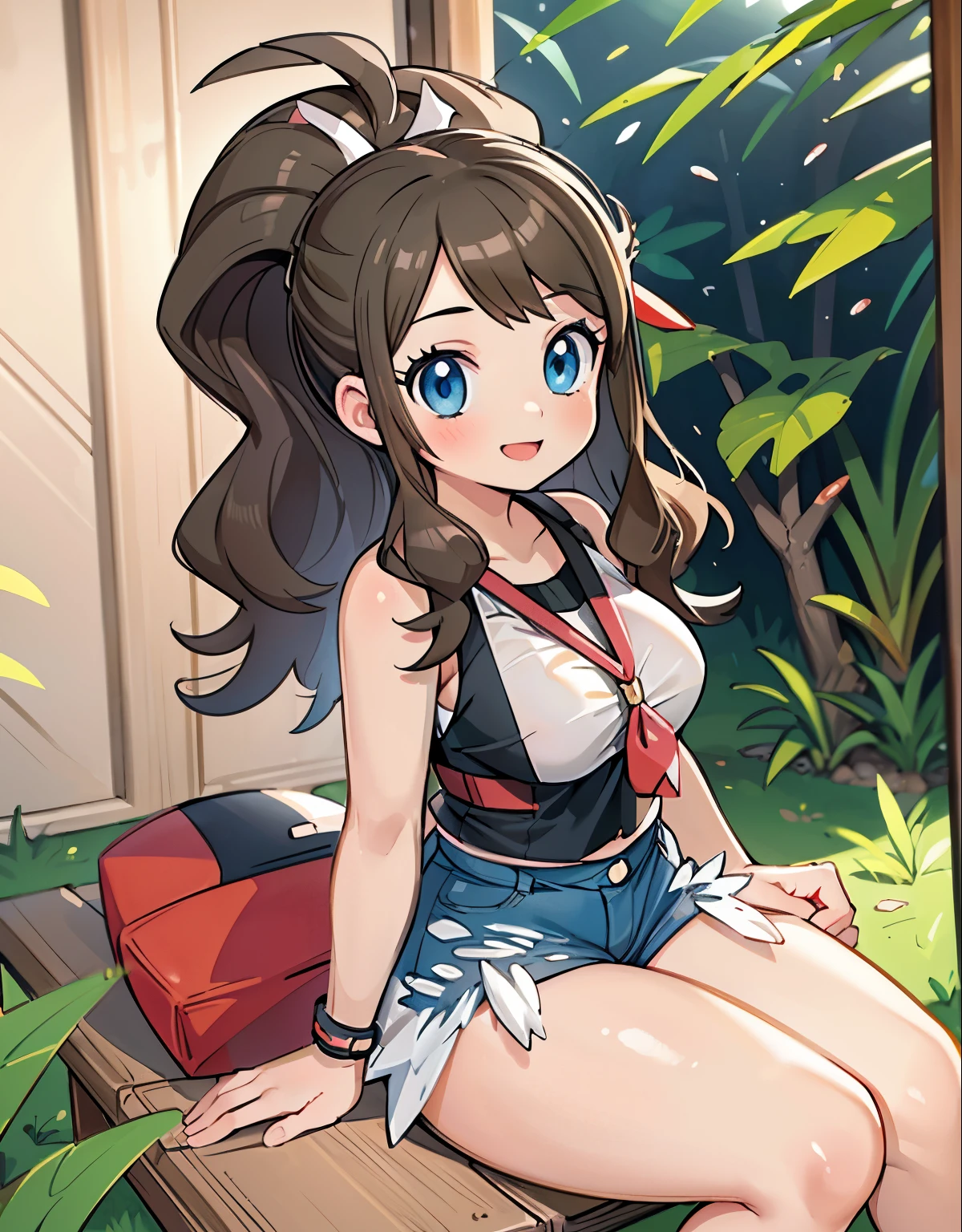 (best quality, highres, masterpiece:1.2), ultra-detailed, realistic:1.37, sketches, hilda pokemon, def1, teenage girl, sitting on her knees, curvy, visible thighs, chubby thighs, thick thighs, thighs in the foreground, body shape, mexican town, curious look, pokeballs, smile, encanto fe******