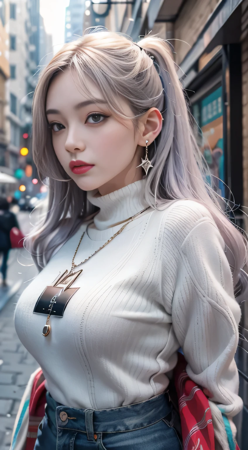 beautiful女孩大学生,masterpiece,Light makeup,red lips,silver hair,messy long hair,street background,beautiful,grace。Ultra-fine details,dance,Authentic texture,Realistic lighting,Perfect work,8k,HD,Exquisite facial features,White skinny turtleneck top,White skinny shorts,slim figure,big bright eyes,,earrings,necklace,tattoo is