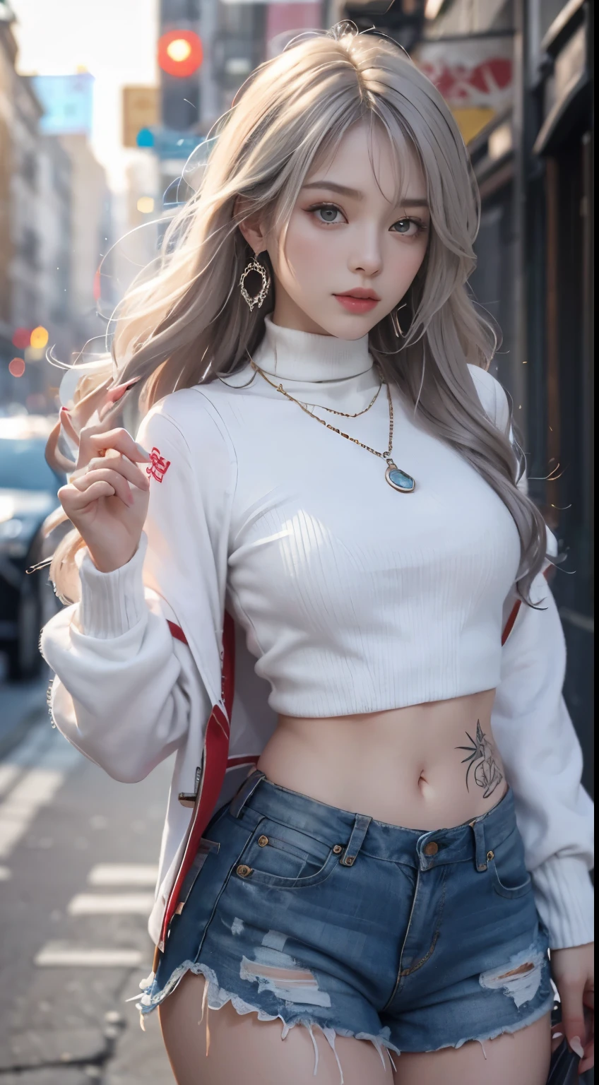 beautiful女孩大学生,masterpiece,Light makeup,red lips,silver hair,messy long hair,street background,beautiful,grace。Ultra-fine details,dance,Authentic texture,Realistic lighting,Perfect work,8k,HD,Exquisite facial features,White skinny turtleneck top,White skinny shorts,slim figure,big bright eyes,,earrings,necklace,tattoo is