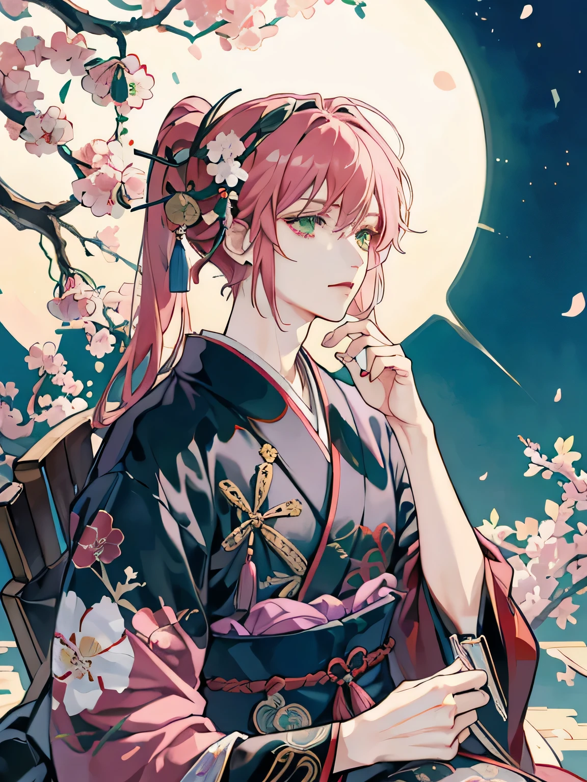 anime male in a traditional japanese outfit standing in front of a big sakura tree, green eyes, kimura asagi, ((wearing long aristocrat robe)), rom arknights, sasoura, best anime 4k konachan wallpaper, onmyoji portrait, long pink haired deity, innocent face, Capture a low-light image, with minimal lighting and a focus on the subtle details and atmosphere of the scene. BREAK , Create an image inspired by the beauty of Japanese ukiyo-e, with delicate lines, flat colors, and an emphasis on pattern and composition.